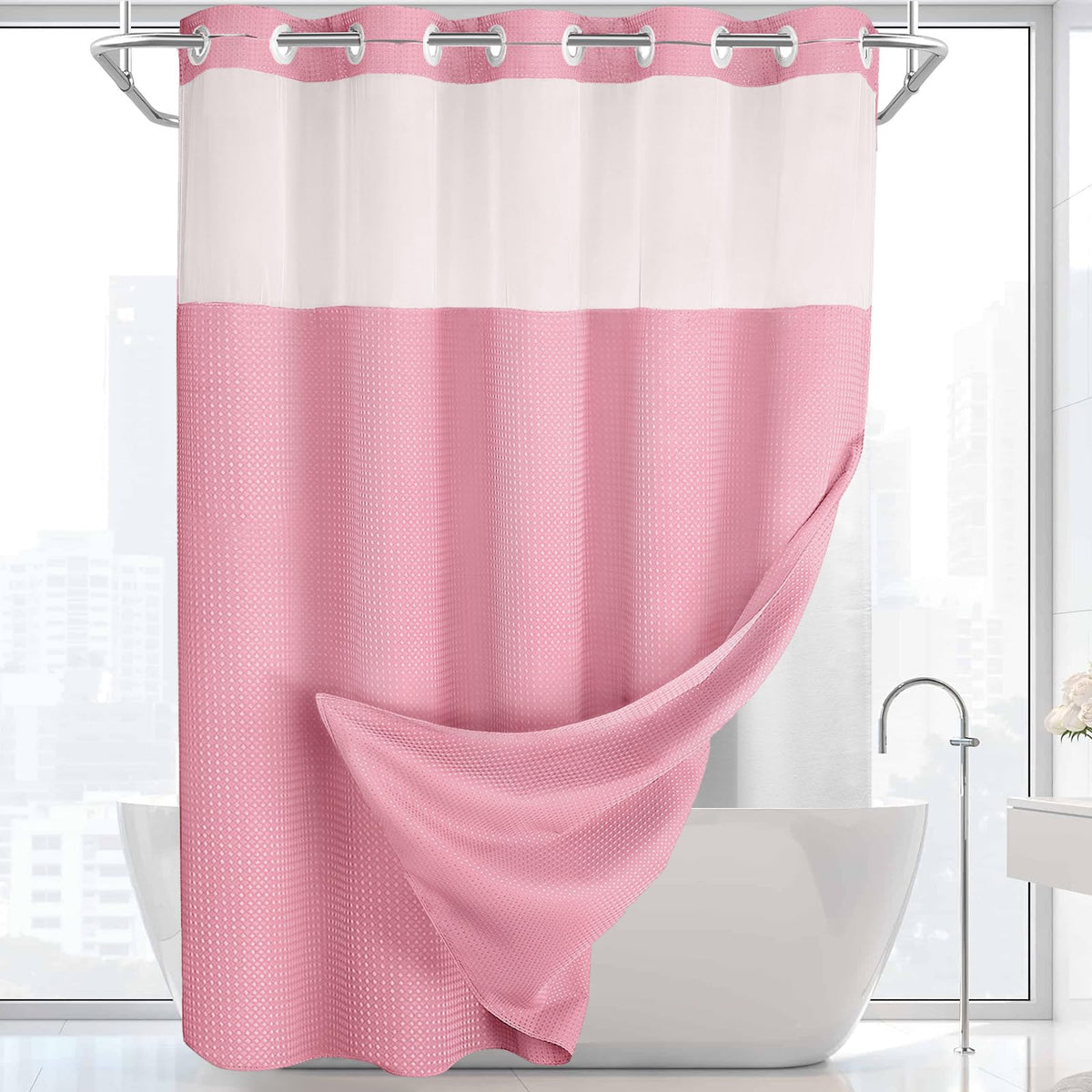 No Hook Shower Curtain with Liner Set Hotel Waffle Curtain Black 72W X 75L