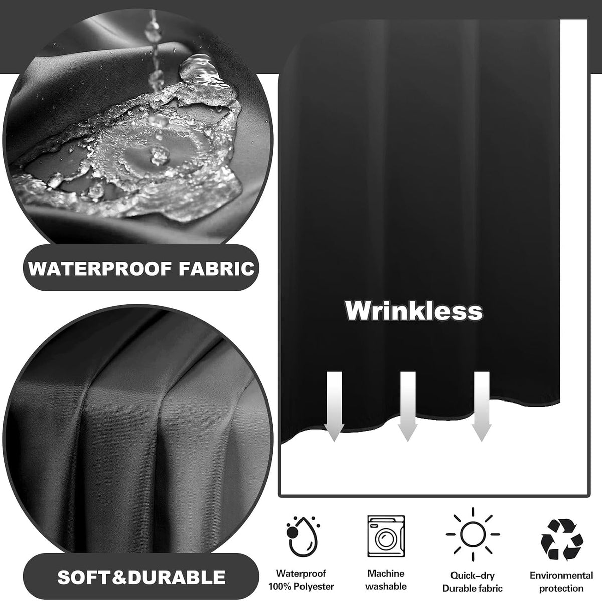 No Hook Shower Curtain and Liner Set, Ombre Black and White, 71x74