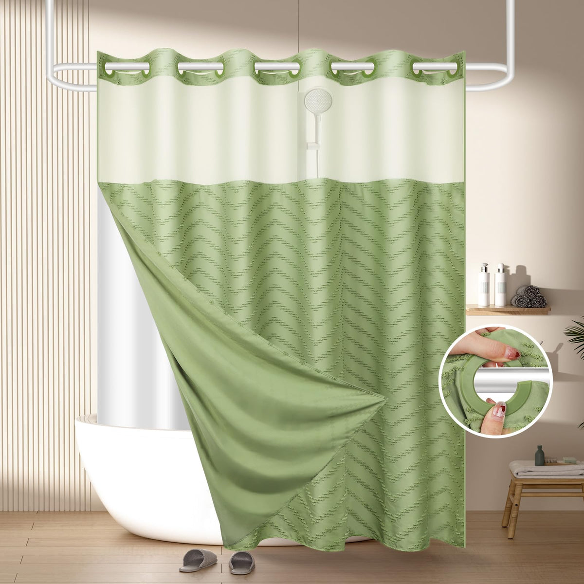 FADOTY Black No Hook Shower Curtain Set with Snap in Liner, 71'' x 74''