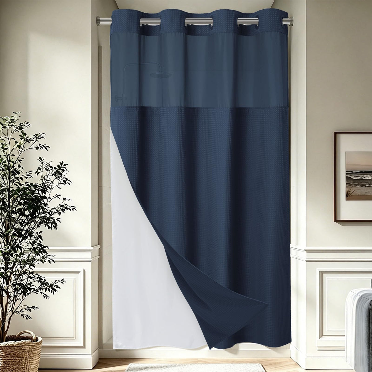 256GSM Heavyweight Ringless Waffle Shower Curtain with Liner, 71x74, Grey