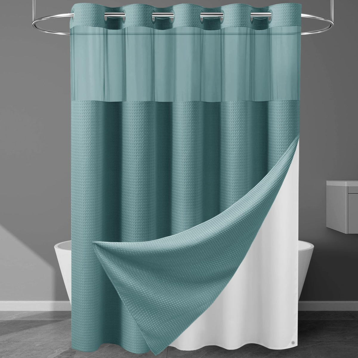 256GSM Heavyweight Ringless Waffle Shower Curtain with Liner, 71x74, Grey