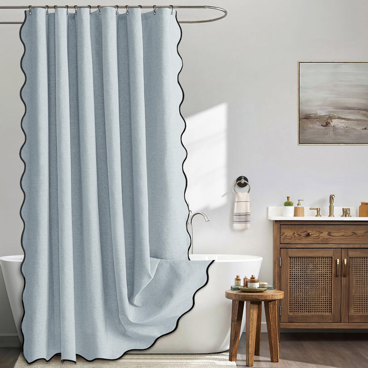 MIULEE Beige Scalloped Shower Curtain Linen Textured with 12 Metal Hooks Cute Heavy Duty Washable Waterproof Neutral Thick Cloth Shower Curtains with Black Border for Bathroom Bathtub,W72*L72 Cream