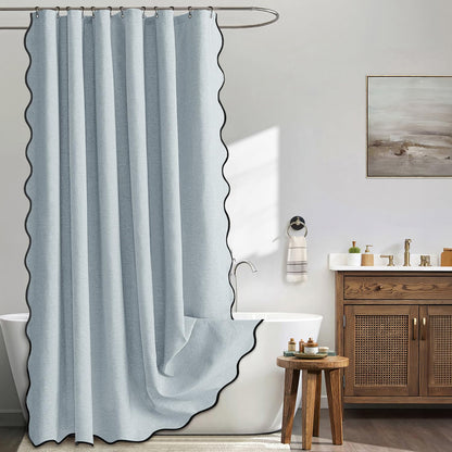 MIULEE Beige Scalloped Shower Curtain Linen Textured with 12 Metal Hooks Cute Heavy Duty Washable Waterproof Neutral Thick Cloth Shower Curtains with Black Border for Bathroom Bathtub,W72*L72 Cream