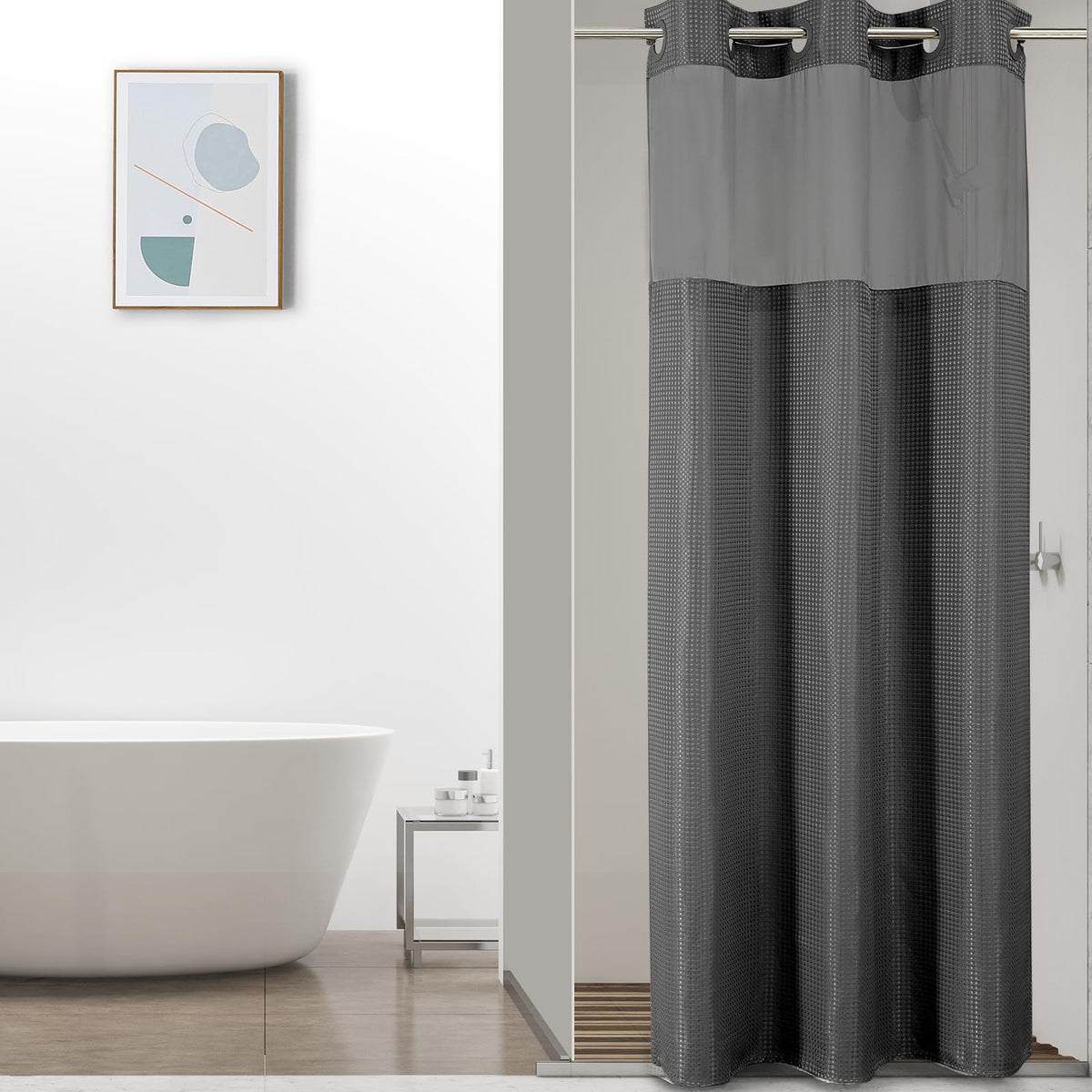 Colorful Star Sage Green No Hook Waffle Shower Curtain Set, 72 x 75 Inch