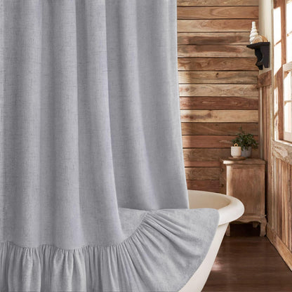 Farmhouse Shower Curtain Ruffle Linen Cream-Green Stripe 72"W x 72"L