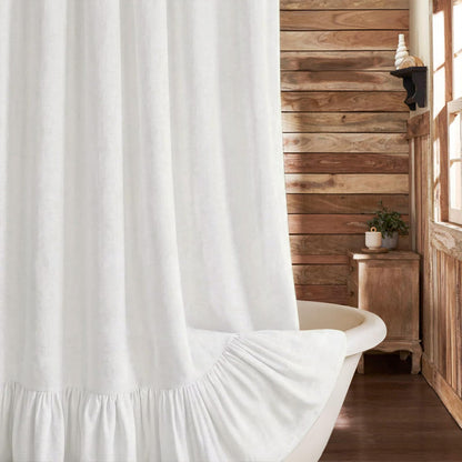 Farmhouse Shower Curtain Ruffle Linen Cream-Green Stripe 72"W x 72"L