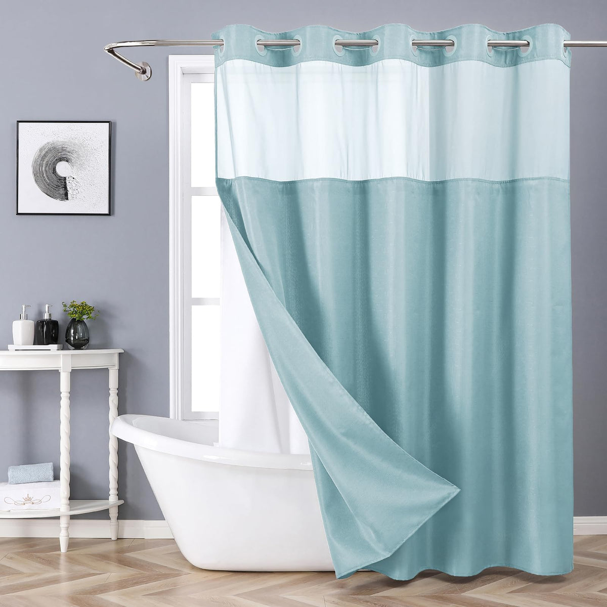 eachope White No Hook Shower Curtain with Snap-in Fabric Liner Set,Slub Textured Fabric Shower Curtains for Bathroom,Hotel Style Modern Shower Curtain,Water Repellent & Washable,71x74(72)