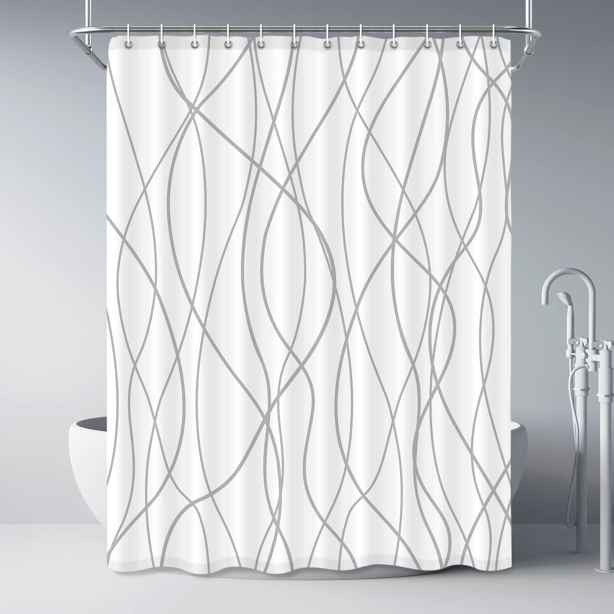 Striped Shower Curtain for Bathroom, Grey White, 72" W x 72" L