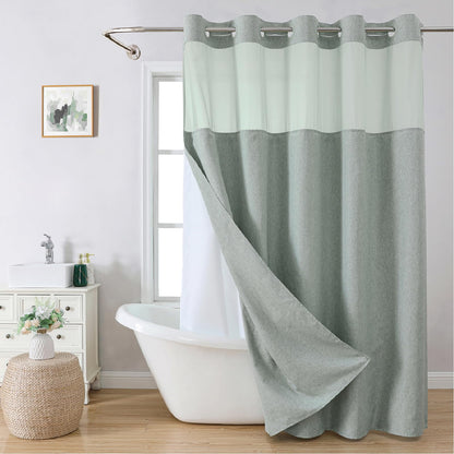 Eachope No Hooks Polyester Textured Shower Curtain with Snap-in Fabric Liner Set, Hotel Luxury Decor Shower Curtains for Bathroom with See Through Top Window, Waterproof & Washable, 71Wx74H, Cream