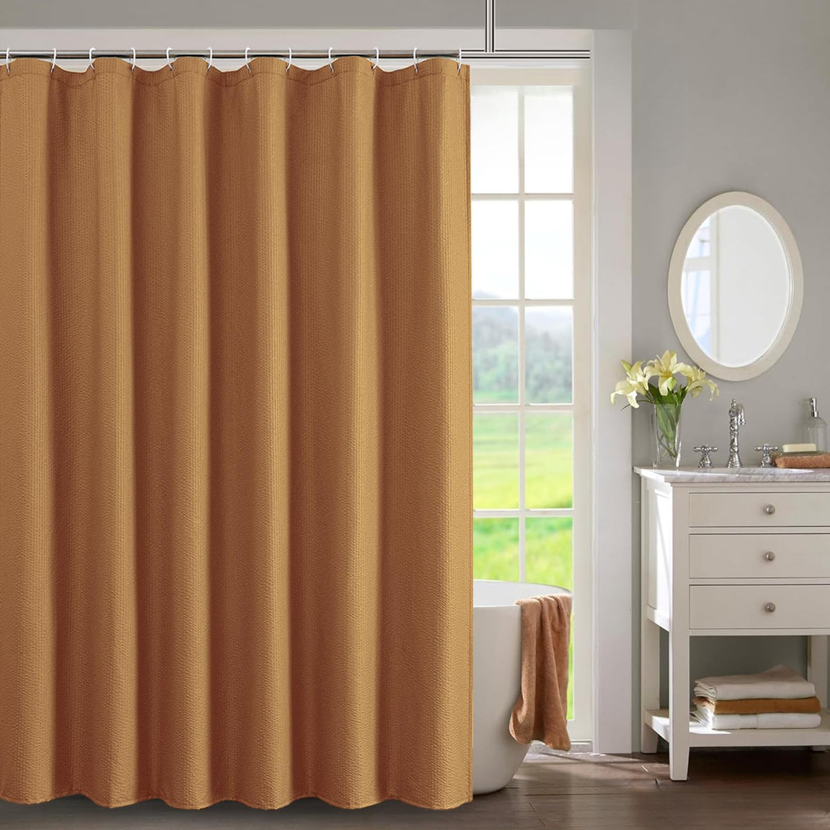 OWENIE Pink Shower Curtain for Bathroom 72x72 Inch, 3D Embossed Textured Waffle Fabric Shower Curtains, Soft Hotel Farmhouse Style, Water Repellent, Machine Washable, Pink, 72" W x 72" L