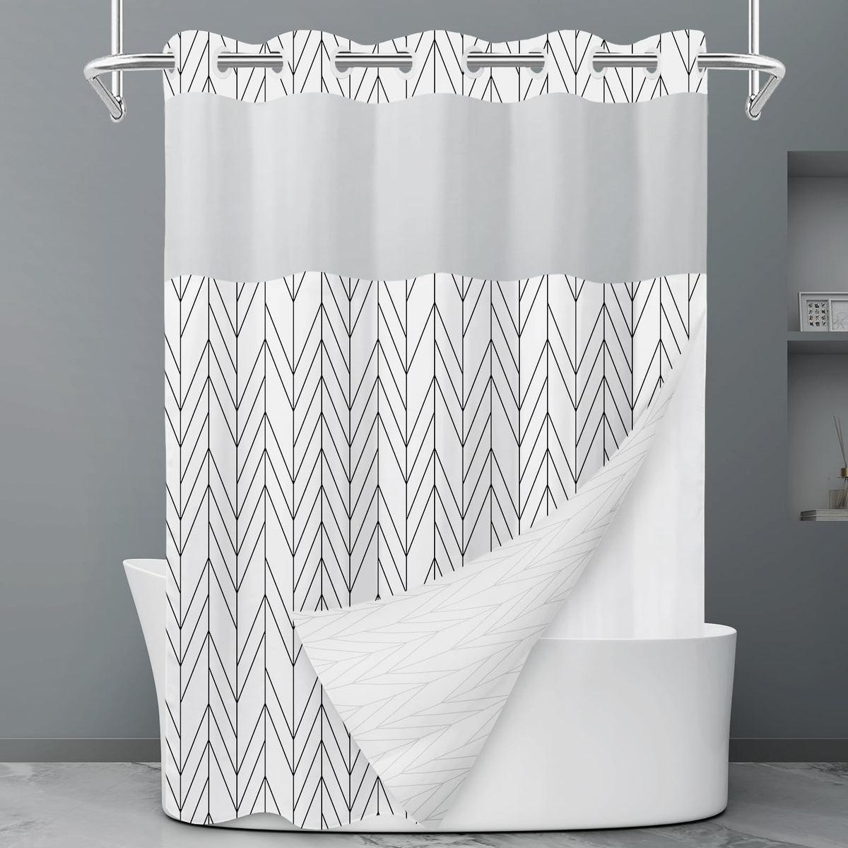 LXBNI Ringless Shower Curtain with Snap-in Liner, Gray White, 71 x 74 Inch