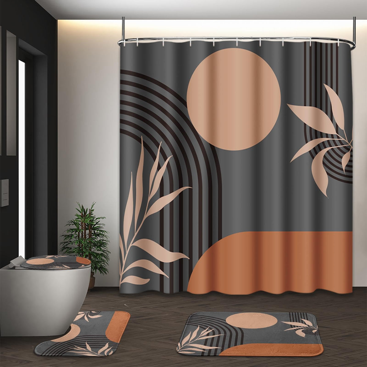 Bathroom Sets with Shower Curtain and Rugs, Set of 4 Geometric Boho