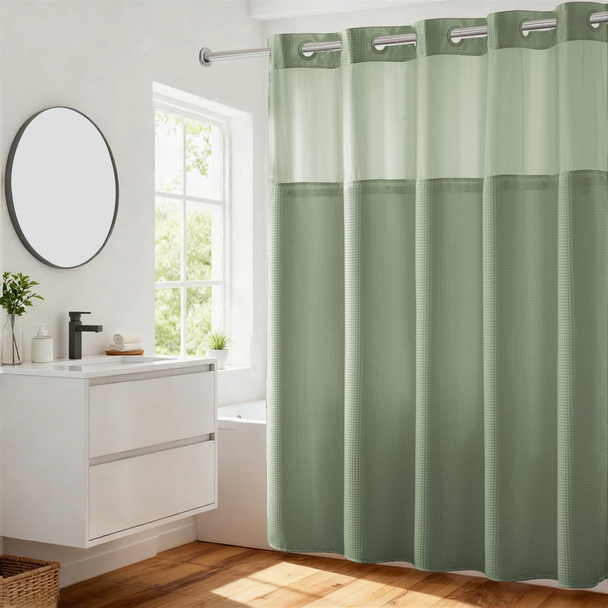 River Dream Waffle No Hook Shower Curtain with Liner,Navy Blue,71x74