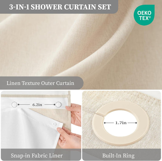 BTTN Cream Ringless Linen Textured Shower Curtain with Snap in Liner, 72x75
