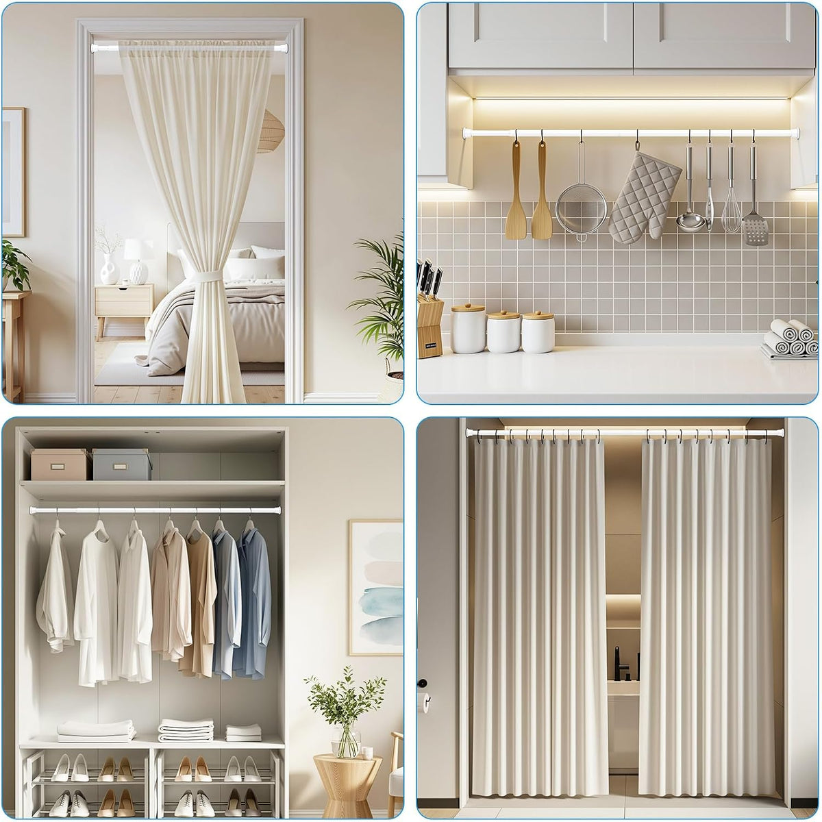 Shower Curtain Rod 2 Pack White 31-76 Inch Adjustable Tension Rod Spring Tension Curtain Rod No Drilling Shower Rod Bathroom Anti-Slip Rustproof Easy Install