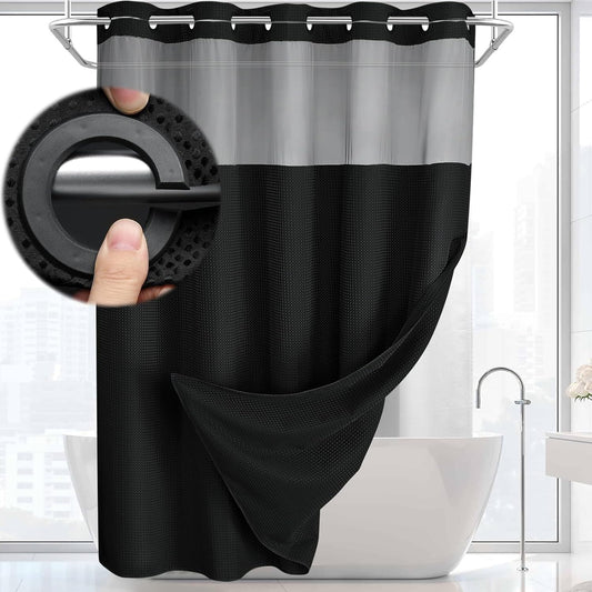 No Hook Shower Curtain with Liner Set Hotel Waffle Curtain Black 72W X 75L