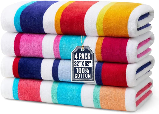 Ben Kaufman Joey Velour Colored Classic Multi-Color Stripe Beach & Pool Towel - Large Cotton Towel - Soft & Absorbant - Assorted Colors - 32” x 62” - 4 Pack