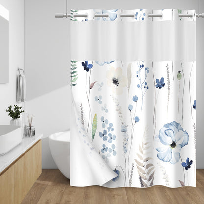 WITHLOC Hook Free Floral Shower Curtain with Liner, Blue Beige, 71x74