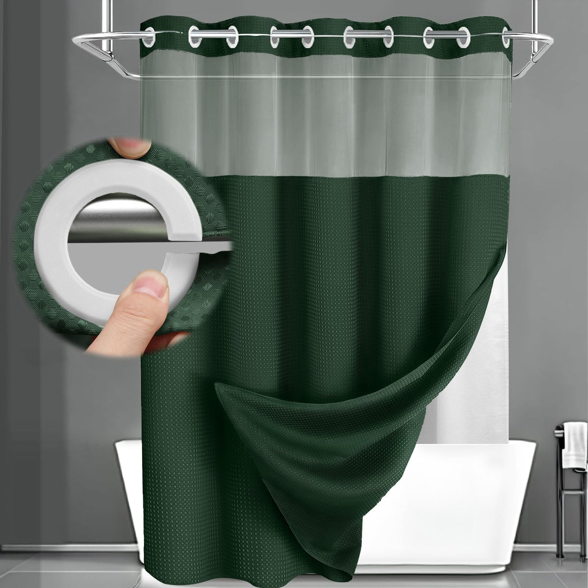 No Hook Shower Curtain with Liner Set Hotel Waffle Curtain Black 72W X 75L