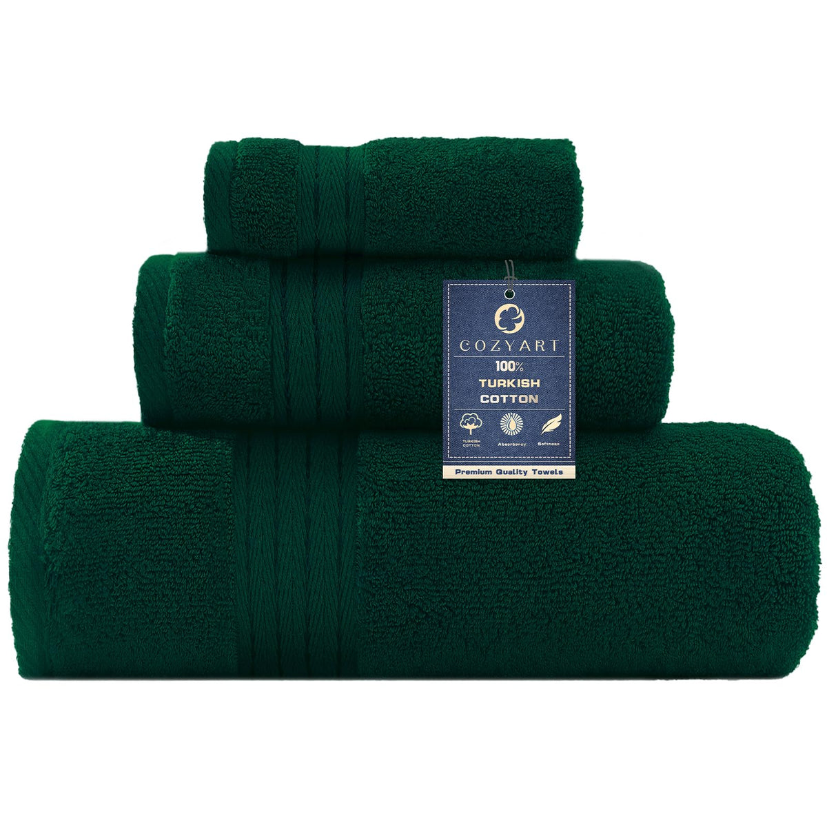 COZYART Luxury Bath Towel Set 6 Pcs, Dark Green 100% Turkish Cotton 650 GSM
