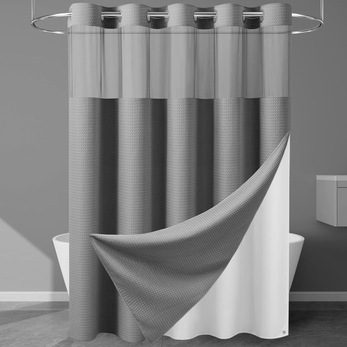 256GSM Heavyweight Ringless Waffle Shower Curtain with Liner, 71x74, Grey