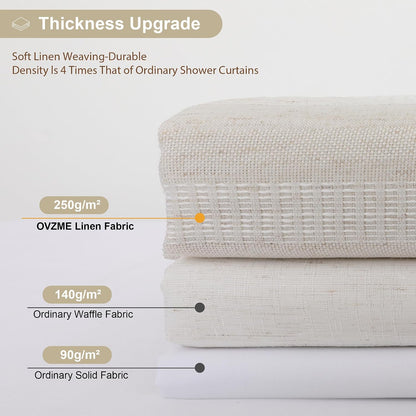 OVZME Natural Linen Shower Curtain for Bathroom, Boho Farmhouse Rustic Striped Shower Curtain with Tassel, Textured Heavy Duty Vintage Country Bathroom Curtain, 72Wx72L Inches