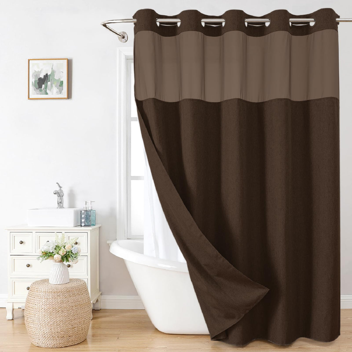 Eachope No Hooks Polyester Textured Shower Curtain with Snap-in Fabric Liner Set, Hotel Luxury Decor Shower Curtains for Bathroom with See Through Top Window, Waterproof & Washable, 71Wx74H, Cream