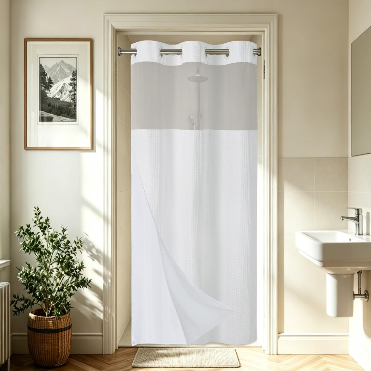 256GSM Heavyweight Ringless Waffle Shower Curtain with Liner, 71x74, Grey