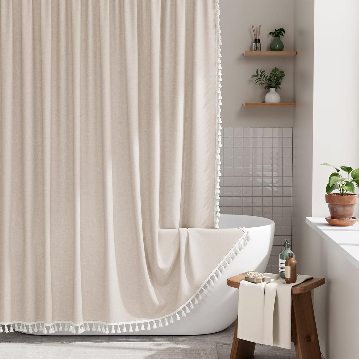 AmazerBath Boho Shower Curtain, Modern Farmhouse Shower Curtain Set with Tassels, Rustic Faux Linen Green Striped Shower Curtain with Hooks, Light Tan Toned, 72x72 Inches
