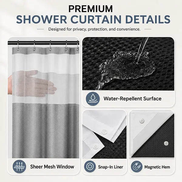 Waterproof Double-Layer Shower Curtain Set - Removable Inner Liner, Translucent Mesh Top for Natural Light & Privacy, Easy Installation, Practical for Bathroom Window & Renovation (Hooks Not Included), Water Proof, Shower Curtains