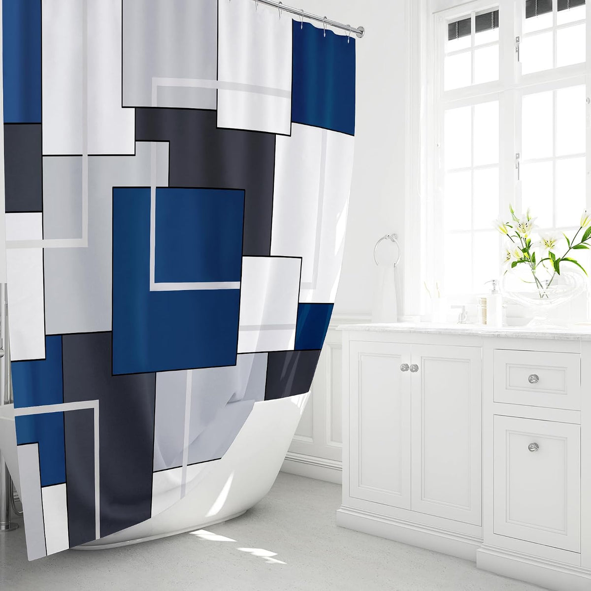 BTTN Navy Blue Modern Geometric Waterproof Fabric Shower Curtain, 72x72