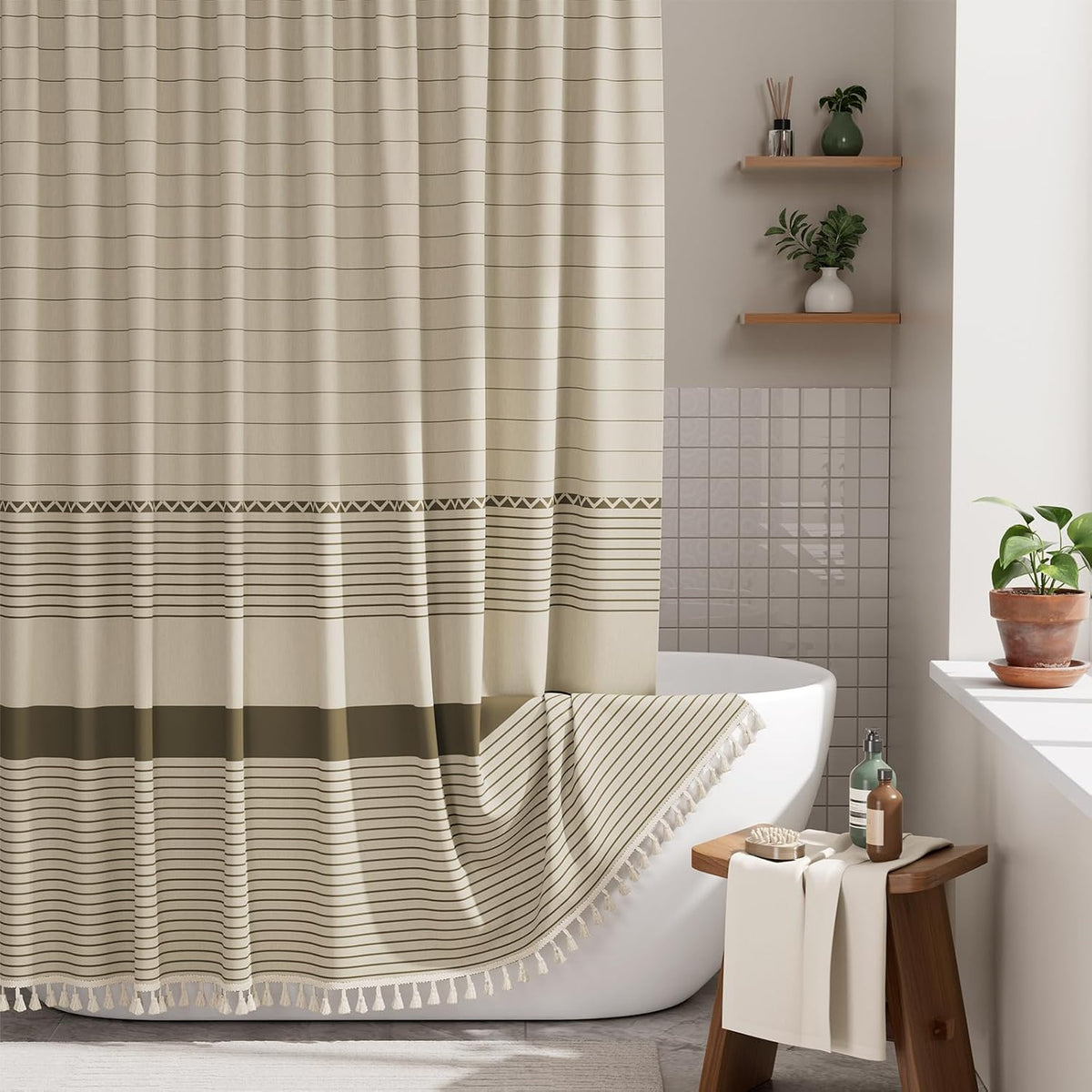 AmazerBath Boho Shower Curtain, Modern Farmhouse Shower Curtain Set with Tassels, Rustic Faux Linen Green Striped Shower Curtain with Hooks, Light Tan Toned, 72x72 Inches