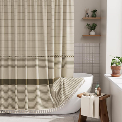AmazerBath Boho Shower Curtain, Modern Farmhouse Shower Curtain Set with Tassels, Rustic Faux Linen Green Striped Shower Curtain with Hooks, Light Tan Toned, 72x72 Inches
