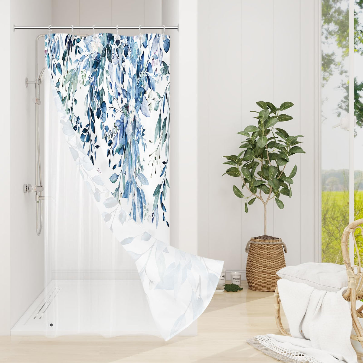 Gibelle 3 in 1 Shower Curtain Set, Grey Eucalyptus Curtain 72x72