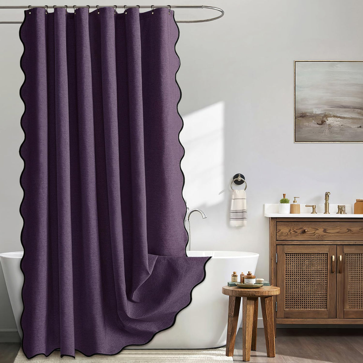 MIULEE Beige Scalloped Shower Curtain Linen Textured with 12 Metal Hooks Cute Heavy Duty Washable Waterproof Neutral Thick Cloth Shower Curtains with Black Border for Bathroom Bathtub,W72*L72 Cream