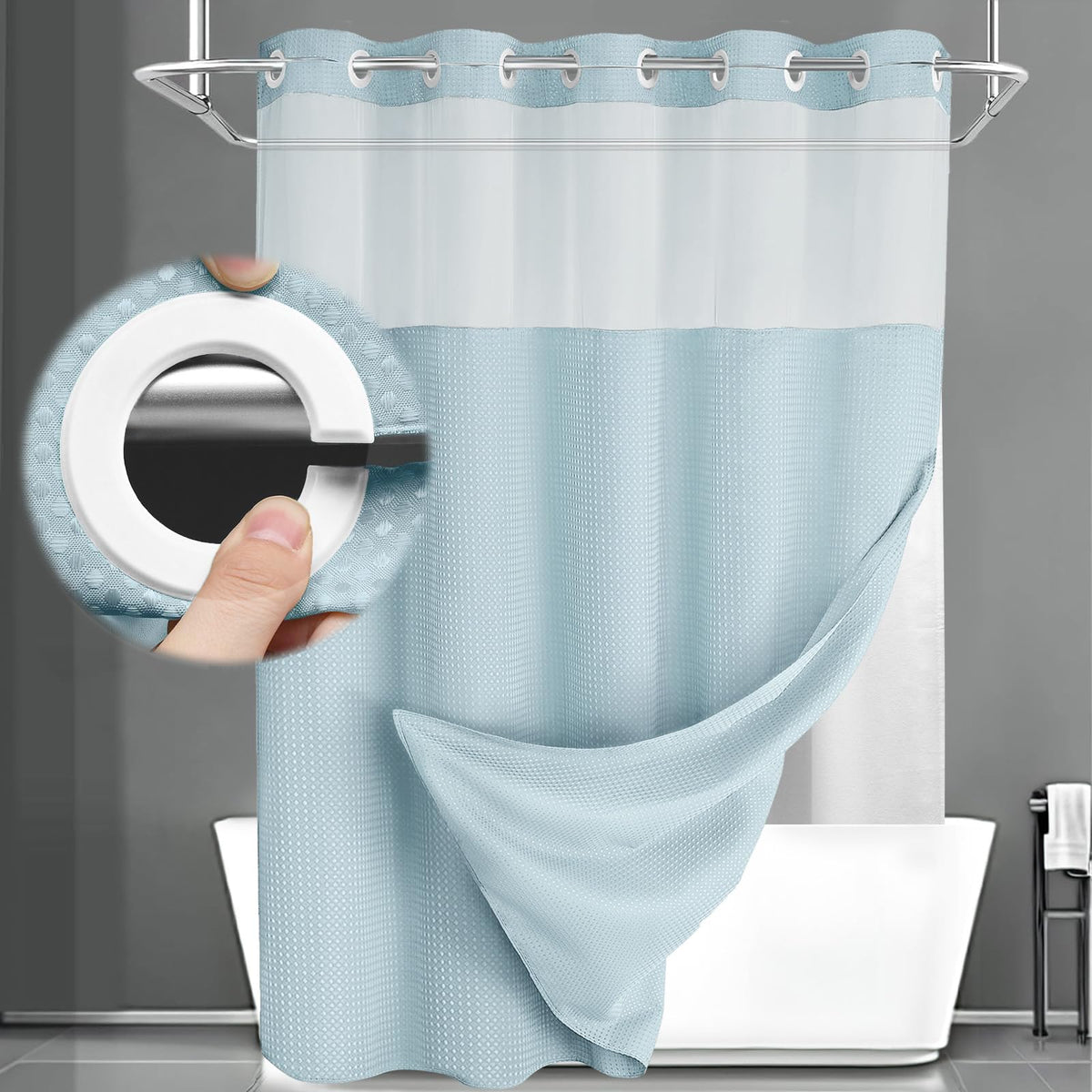 No Hook Shower Curtain with Liner Set Hotel Waffle Curtain Black 72W X 75L