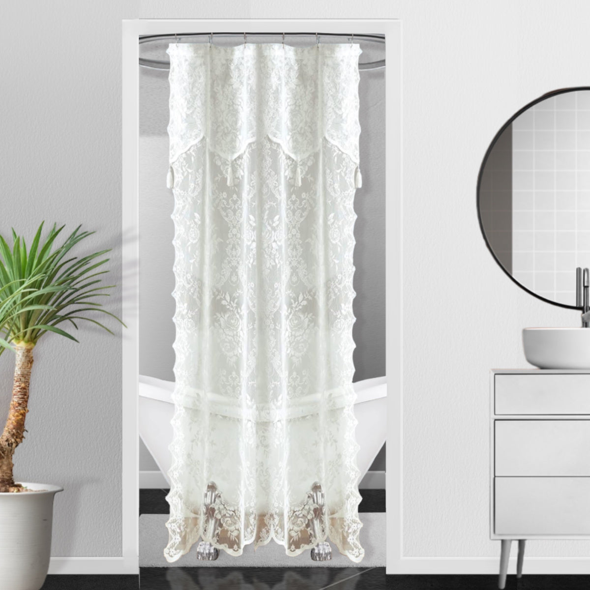 WARM HOME DESIGNS Luxury Lace Shower Curtain with Attached Valance & Tassels in Many Colors and Sizes