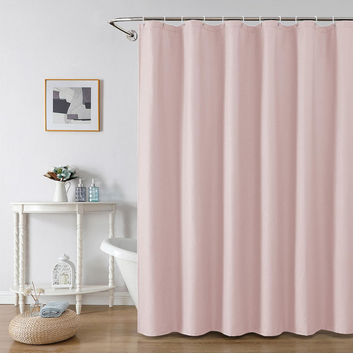 OWENIE Pink Shower Curtain for Bathroom 72x72 Inch, 3D Embossed Textured Waffle Fabric Shower Curtains, Soft Hotel Farmhouse Style, Water Repellent, Machine Washable, Pink, 72" W x 72" L