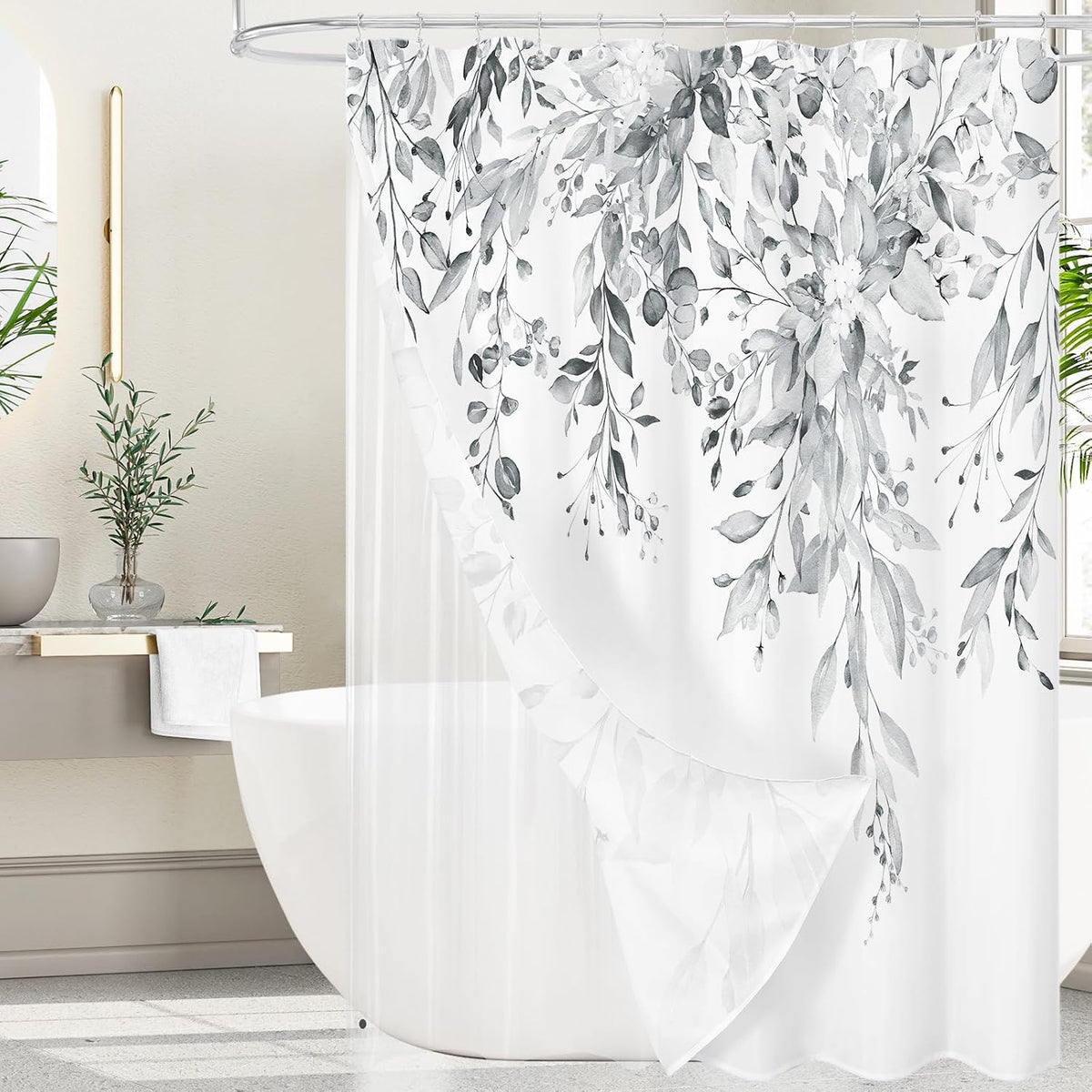Gibelle 3 in 1 Shower Curtain Set, Grey Eucalyptus Curtain 72x72