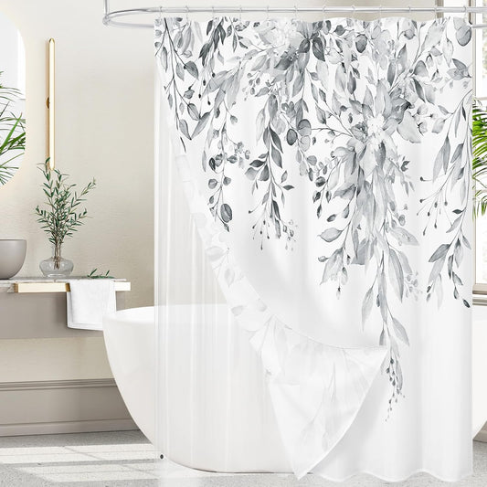 Gibelle 3 in 1 Shower Curtain Set, Grey Eucalyptus Curtain 72x72