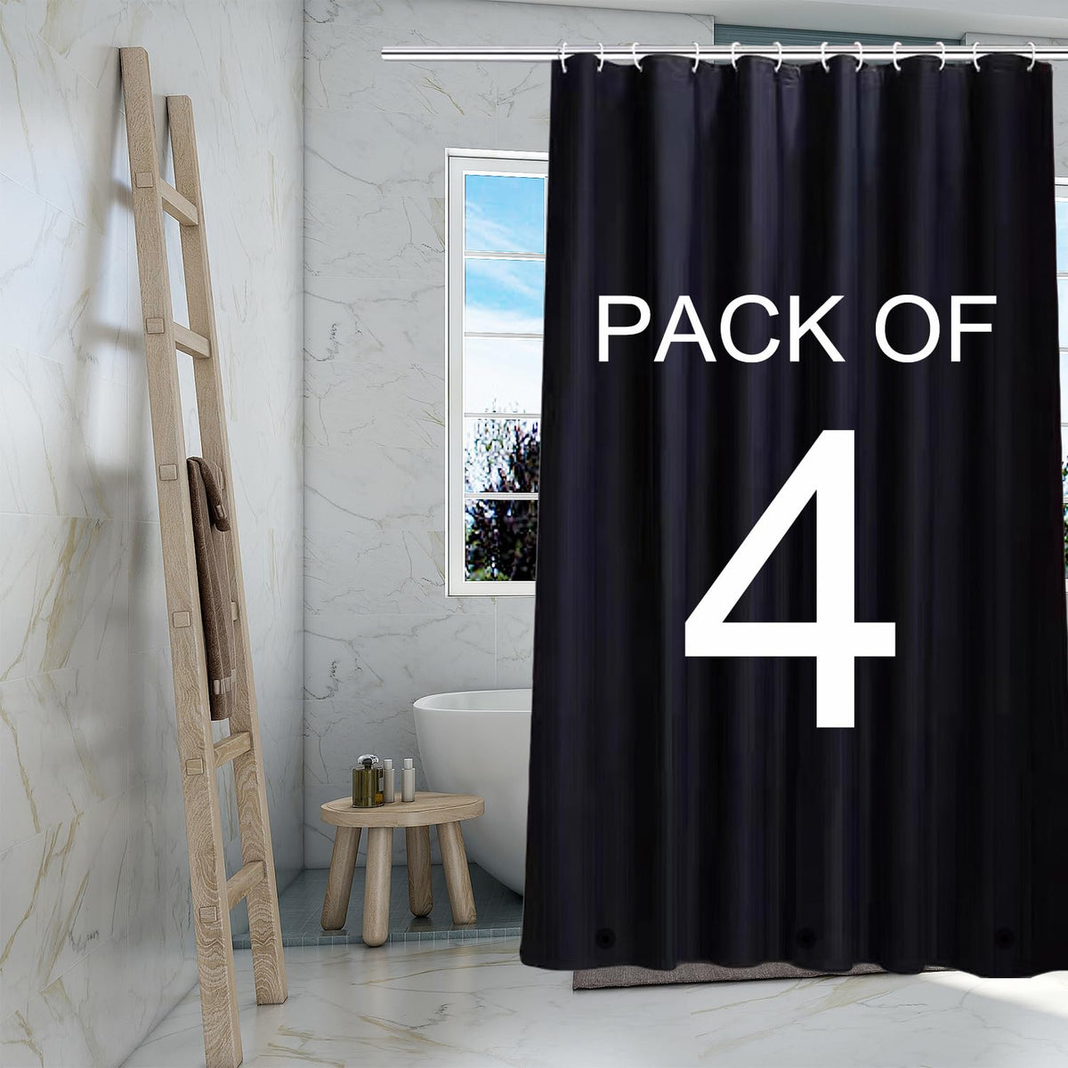 TIKABC Black Shower Curtain Liner, 4G PEVA Shower Liner, Plastic Waterproof Shower Curtains, 72x72 inch with Grommet Holes 3 Magnetic Weights(Black)
