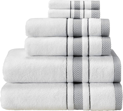 Bath Towels Set for Bathroom – Luxury 6-Piece Cotton Towels, Soft Absorbent & Quick Dry, 600 GSM Bath Towels for Bathroom, Hotel Spa Quality (White/Charcoal, 6- Bath Towel Set)