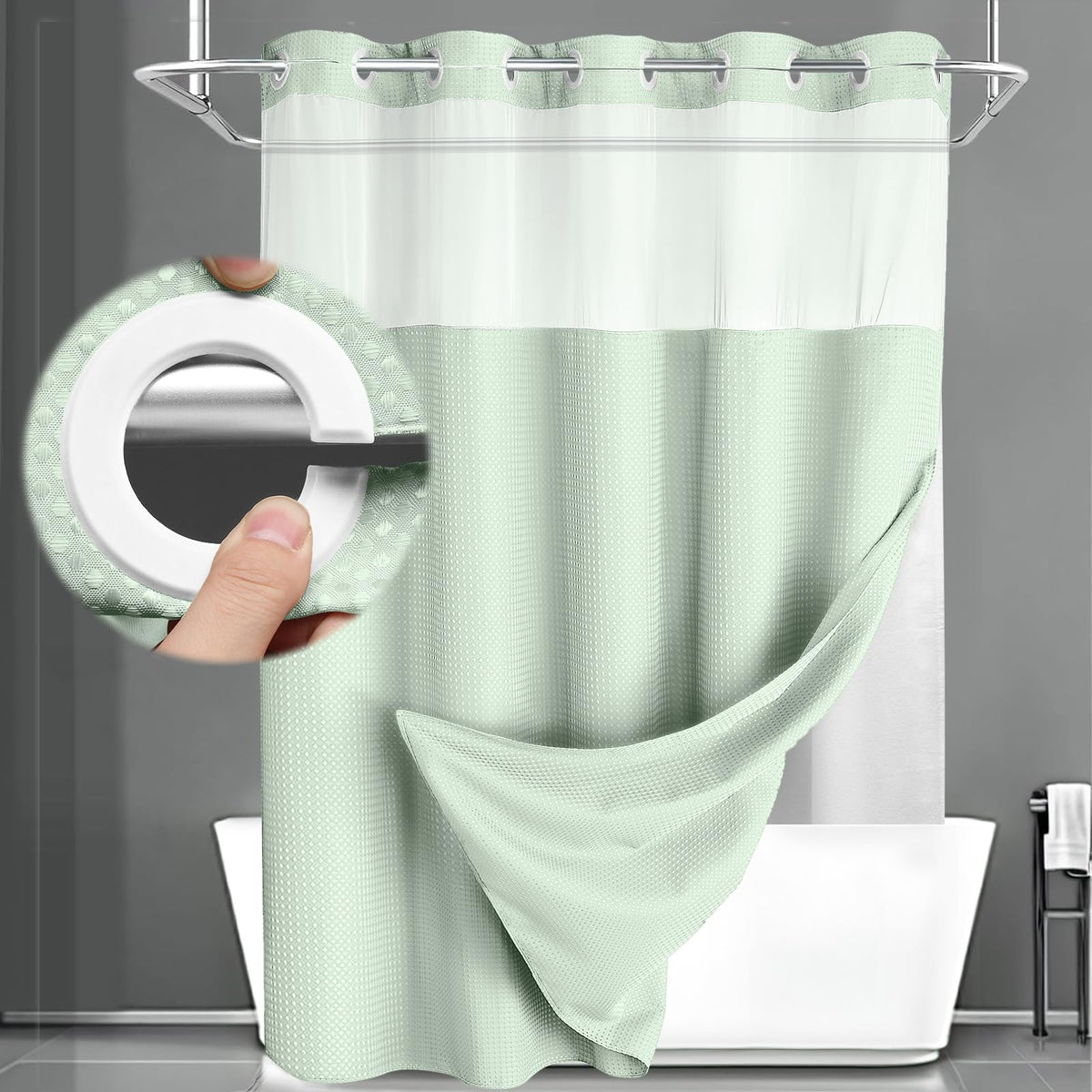 No Hook Shower Curtain with Liner Set Hotel Waffle Curtain Black 72W X 75L