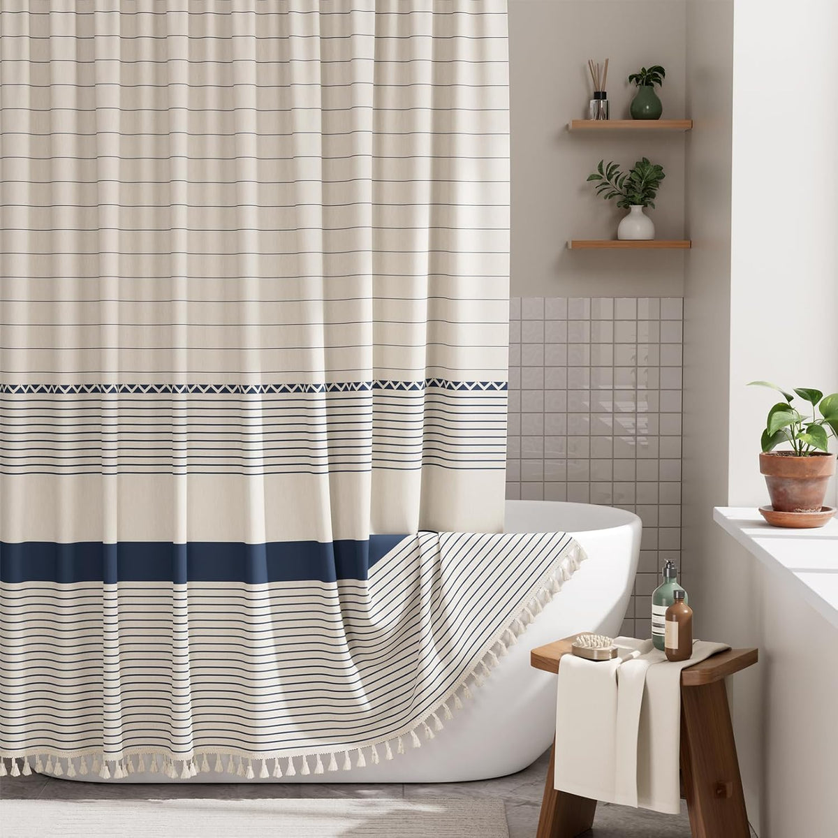 AmazerBath Boho Shower Curtain, Modern Farmhouse Shower Curtain Set with Tassels, Rustic Faux Linen Green Striped Shower Curtain with Hooks, Light Tan Toned, 72x72 Inches