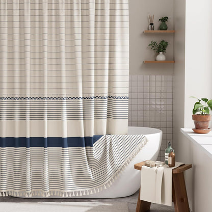 AmazerBath Boho Shower Curtain, Modern Farmhouse Shower Curtain Set with Tassels, Rustic Faux Linen Green Striped Shower Curtain with Hooks, Light Tan Toned, 72x72 Inches