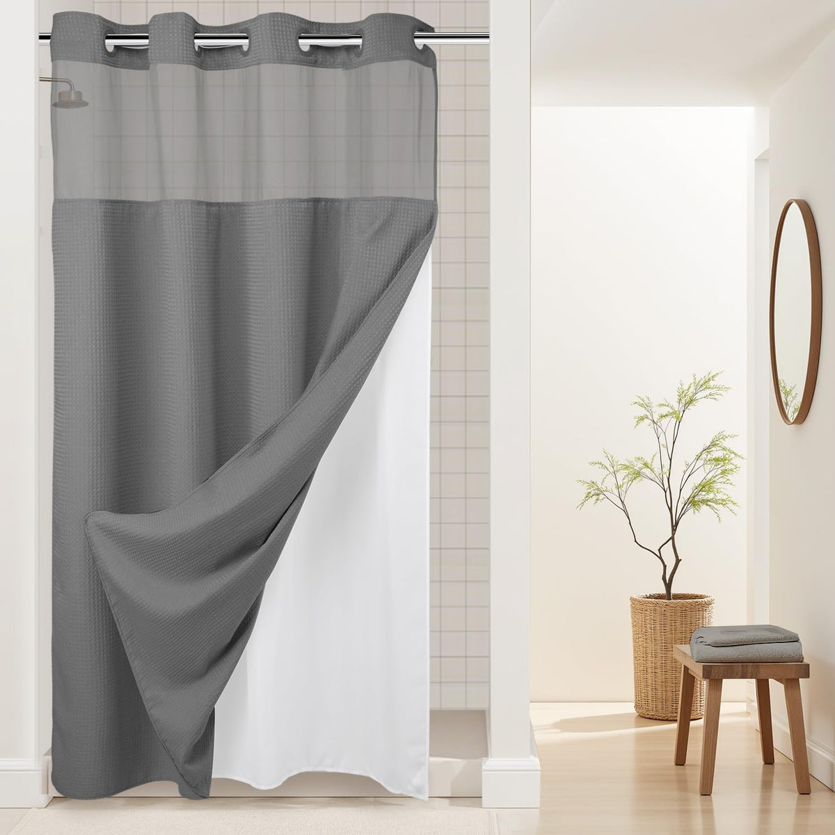 River Dream Waffle No Hook Shower Curtain with Liner,Navy Blue,71x74