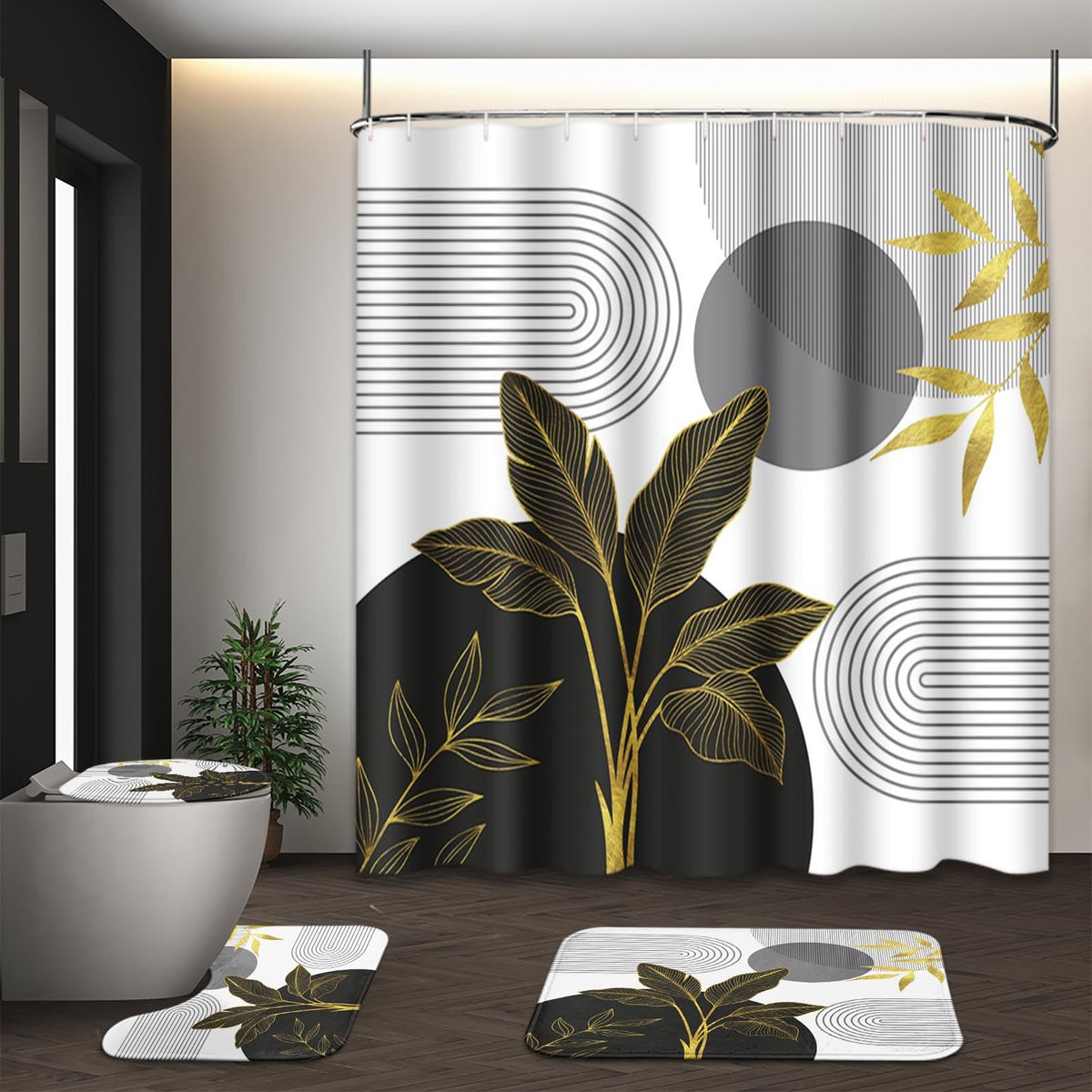 Bathroom Sets with Shower Curtain and Rugs, Set of 4 Geometric Boho
