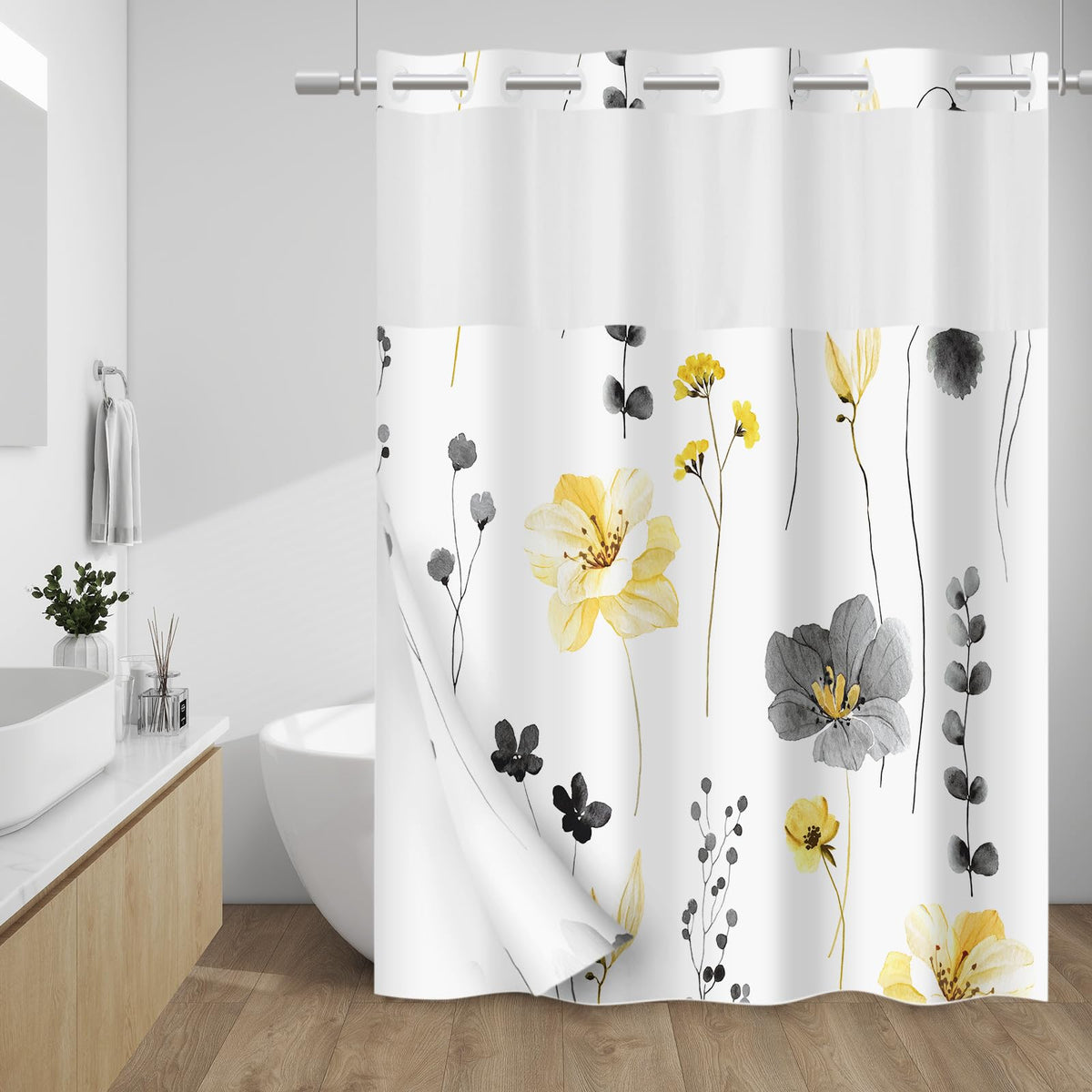 WITHLOC Hook Free Floral Shower Curtain with Liner, Blue Beige, 71x74