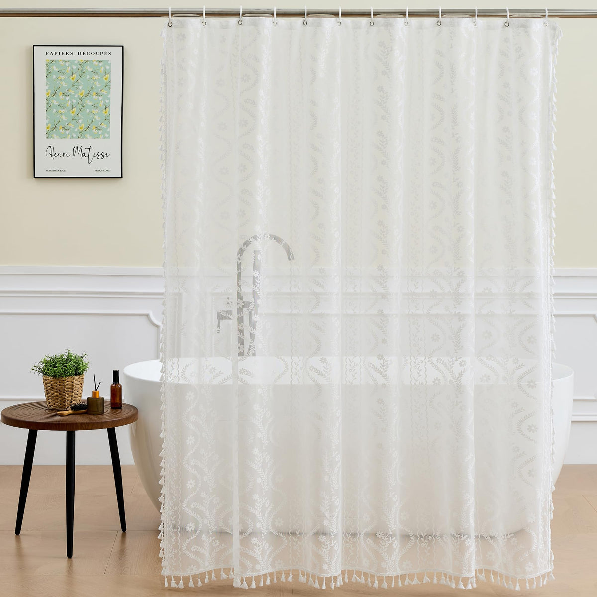 WAZZIO Dark Sage Green Lace Shower Curtain for Bathroom 72" W x 72" L, Victorian Farmhouse Floral Pattern Tassel Fancy Shower Curtain Boho Washable Cloth Decorative Bath Curtains,1 Panel