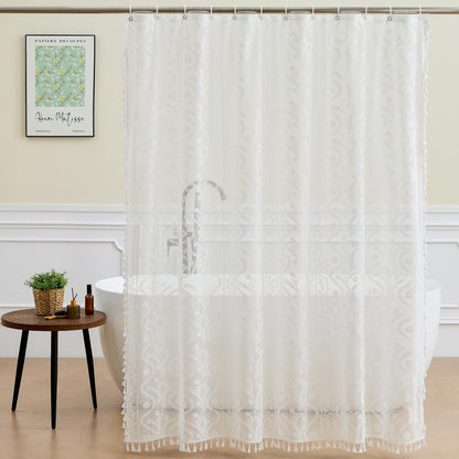 WAZZIO Dark Sage Green Lace Shower Curtain for Bathroom 72" W x 72" L, Victorian Farmhouse Floral Pattern Tassel Fancy Shower Curtain Boho Washable Cloth Decorative Bath Curtains,1 Panel